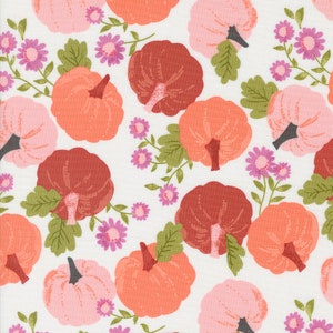 May include: A white background with a repeating pattern of pink, orange, and red pumpkins with green leaves and purple flowers.