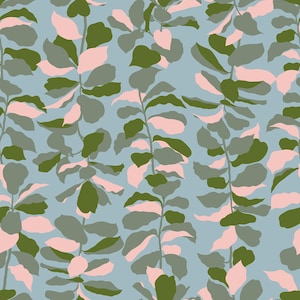 May include: A repeating pattern of stylized leaves in shades of green, pink, and gray against a light blue background. The leaves are arranged in vertical rows, creating a botanical design suitable for fabric or wallpaper.