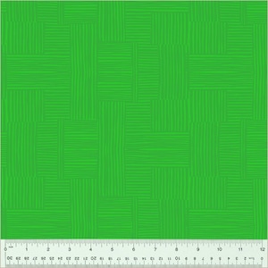 May include: Green fabric with a woven pattern of thin, white lines. The fabric has a subtle texture and a bright, vibrant green color.