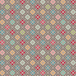 May include: A repeating pattern of colorful floral shapes in red, pink, green, blue, and orange, set against a muted brown background. The design features white crosshatch lines and small white dots, creating a geometric and floral pattern.