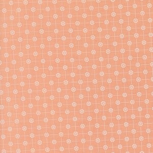 May include: A peach-colored fabric with a white floral pattern. The pattern is a repeating design of small white circles with a white cross in the center.