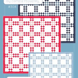 May include: A quilt pattern booklet titled Thimble Blossoms by Camille Roskelley #308 Coastal Americana. The cover displays three square quilt designs featuring a grid of small squares in navy blue, bright red, and light blue on white backgrounds.
