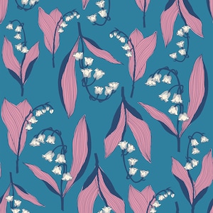 May include: A seamless pattern featuring delicate white lily of the valley flowers with pink leaves on a blue background.