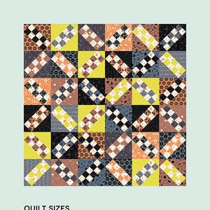 May include: A quilt pattern with a patchwork design featuring black, white, yellow, orange, and brown squares. The pattern is called "Patch + Dot" and is available in two sizes: 40" x 40" (Baby) and 60" x 60" (Throw).