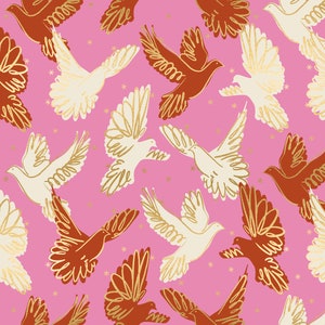 May include: A seamless pattern featuring white and brown doves flying against a pink background. The doves are outlined in gold and have a stylized design. The background is dotted with small gold stars.