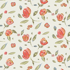 May include: A seamless pattern featuring pink and red stylized flowers with green leaves on a cream background.