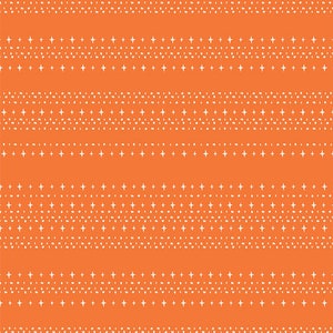 May include: A seamless pattern with horizontal stripes of white stars and white dots on an orange background.