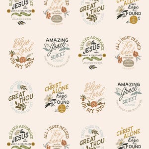 May include: A collection of twenty repeating graphic designs featuring religious text and floral illustrations. The phrases include Amazing Grace, Bless the Lord, How Great Thou Art, In Christ Alone, and Blessed Assurance, all in various fonts.
