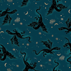 May include: Dark teal background with a repeating pattern of black dragons, crescent moons, and starbursts. The dragons are depicted in various flying poses, creating a whimsical and fantastical design.