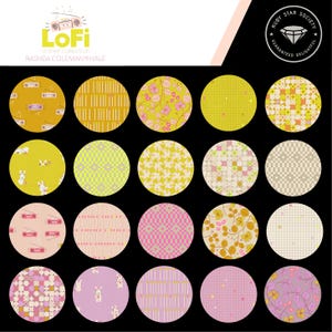 May include: A collection of twenty circular fabric swatches featuring the LoFi linen collection by Rashida Coleman-Hale. The patterns include boomboxes, rabbits, floral vines, grids, and geometric shapes in shades of yellow, pink, and cream.