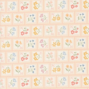 May include: A repeating pattern of floral designs on a light pink background. Each design is enclosed in a square frame with a light blue border. The designs include flowers in shades of pink, yellow, blue, and green. The text "1¢", "2¢", "3¢", and "4¢" appears in each square.