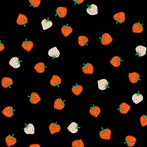 May include: A seamless pattern featuring red and white strawberries on a black background. The strawberries are arranged in a random pattern, with some facing up and some facing down.