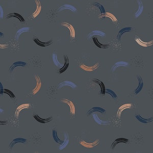 May include: A seamless pattern with abstract brushstrokes in shades of blue, black, and peach on a gray background.