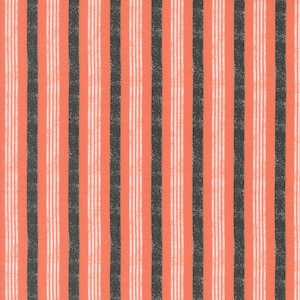 May include: A fabric with alternating black and coral stripes. The stripes are thin and evenly spaced.