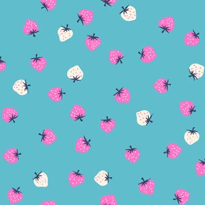 May include: A seamless pattern of pink and white strawberries on a light blue background. The strawberries are scattered randomly across the background.