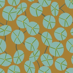 May include: A repeating pattern of stylized blue-green floral shapes with green lines radiating from a yellow center. The background is a warm, earthy brown, with gray curved lines connecting the floral elements.