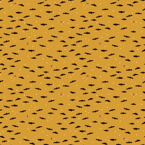 May include: A seamless pattern featuring black bats flying against a solid yellow background. Small white stars and purple crescent moons are scattered throughout the pattern.