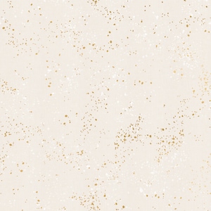 May include: A seamless pattern with a white background and a random scattering of small gold and white dots.