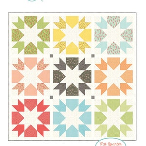 May include: A quilt pattern called "Star Crossed" with a white background and nine colorful blocks. Each block features a star shape with a different fabric pattern. The pattern is labeled "Fat Quarter Friendly" and "Chelski Stratton Designs".