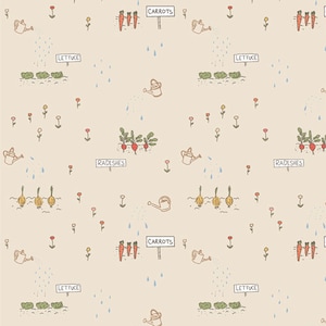 May include: A repeating pattern featuring a whimsical garden scene. The design includes illustrations of carrots, lettuce, radishes, and onions, with signs labeling each. Watering cans and raindrops are also scattered across the beige background.
