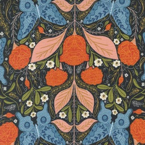 May include: A dark blue background with a repeating pattern of pink, orange, and green flowers, leaves, and butterflies. The butterflies have blue wings with black outlines.
