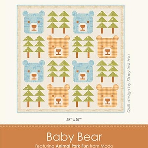 May include: A square quilt featuring a repeating pattern of blue and orange gingham bears and green trees on a cream background. The quilt measures 57 inches by 57 inches. The design is called "Baby Bear" by Stacy Iest Hsu.
