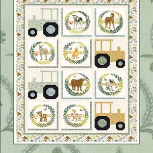 May include: A quilt pattern featuring a tractor pull theme. The pattern includes images of tractors, farm animals, and wreaths. The quilt pattern is titled "Tractor Pull" and is by Coach House Designs.