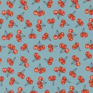 May include: A seamless pattern featuring red cherries on a light blue background. The cherries are arranged in a repeating pattern, with each cherry cluster consisting of three cherries.