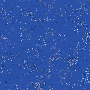 May include: A blue background with a scattered pattern of small, colorful dots. The dots are mostly yellow, but there are also some green, purple, and black dots.