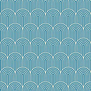 May include: A repeating pattern of blue and white arches. The design features rows of connected arches in a light blue color, outlined with white lines. The background is a darker blue, creating a textured, retro aesthetic.