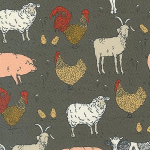 May include: A dark gray fabric with a repeating pattern of farm animals, including chickens, roosters, sheep, goats, and pigs. The animals are drawn in a simple, stylized manner and are surrounded by small white flowers.
