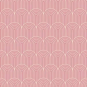 May include: A repeating pattern of pink arches with white vertical lines. The arches are arranged in rows, creating a textured, retro design. The background is a soft pink, and the lines are a creamy white.