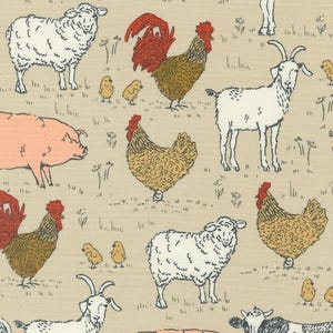 May include: A beige fabric with a repeating pattern of farm animals. The animals include a rooster, a hen, a sheep, a pig, and a goat. The animals are drawn in a simple, cartoon style.