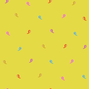 May include: A repeating pattern of colorful tape rolls on a yellow background. The tape rolls are in various colors, including pink, red, blue, and yellow. The design is simple and playful, suitable for stationery or craft projects.