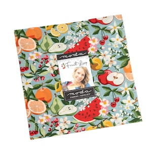 May include: A Moda Fabrics Fruit Loop fabric collection featuring a blue background with a variety of fruits, including watermelon, apples, pears, oranges, lemons, and cherries. The fabric also features white flowers and green leaves.