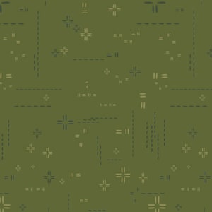 May include: A seamless pattern with a green background and a variety of abstract shapes in shades of brown and green. The shapes include lines, dashes, and crosses.