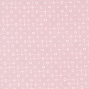 May include: A pink fabric with a white floral pattern. The pattern is a repeating design of small white flowers.
