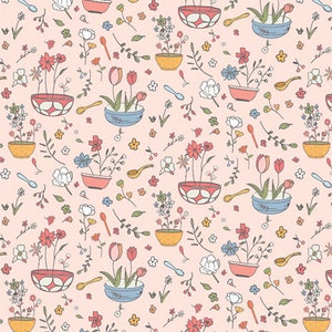 May include: A seamless pattern featuring a variety of colorful flowers and plants in small bowls. The pattern is on a light pink background.