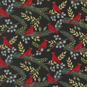 May include: A repeating pattern of red cardinals perched on branches with green pine needles, light green leaves, and blue-green berries against a dark gray background. The design has a festive, wintery feel.