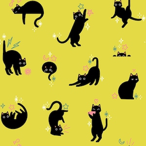 May include: A repeating pattern of black cat illustrations in various poses on a yellow background. The cats are surrounded by stars, hearts, and other decorative elements in pink, white, and green.