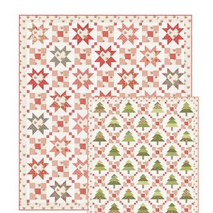 May include: Two quilts with patchwork designs. One features red star patterns and the other has green Christmas tree patterns. The text "Patchwork Moments" and "Chelsi Stratton Designs" are displayed in red cursive font.