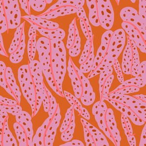 May include: An orange background with a repeating pattern of pink leaves. The leaves have a dotted texture and are outlined in a darker pink. The design is a seamless, botanical pattern.