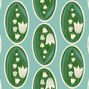 May include: A seamless pattern featuring white lily of the valley flowers in green oval frames with white lace trim on a light blue background.