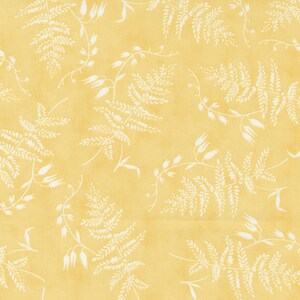 May include: A repeating pattern of white fern fronds and delicate floral elements on a soft yellow background. The design has a subtle texture, creating a vintage or botanical aesthetic. The overall look is light and airy.