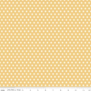 May include: A yellow fabric with a white polka dot pattern. The fabric is a repeating pattern of white dots on a yellow background.