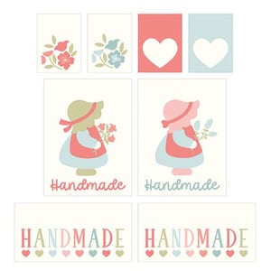 May include: A collection of handmade tags and labels in pastel colors. Designs include floral patterns, heart cutouts, and illustrations of a girl holding flowers. The word "Handmade" is featured in various fonts.