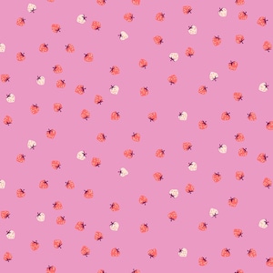 May include: A seamless pattern of pink and white strawberries on a pink background. The strawberries are scattered randomly across the surface.