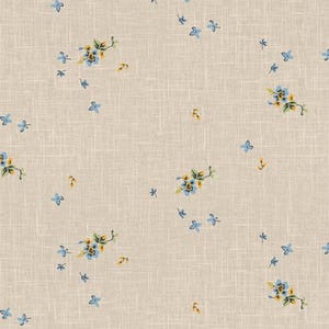 May include: A beige fabric background with a scattered pattern of small blue and yellow flowers. The flowers are arranged in a random pattern and are evenly spaced throughout the fabric.