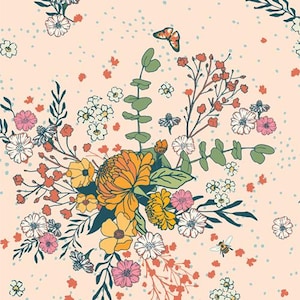 May include: A floral pattern with a peach background. The pattern features a variety of flowers in shades of pink, yellow, white, and orange. The flowers are surrounded by green leaves and stems. There are also small blue dots scattered throughout the pattern.
