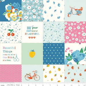 May include: A patchwork fabric panel featuring sixteen squares with various patterns including floral prints, polka dots, strawberries, a scooter, and a bicycle. Text reads BE your own kind of BEAUTIFUL and Beautiful Things come together One Stitch at a time.